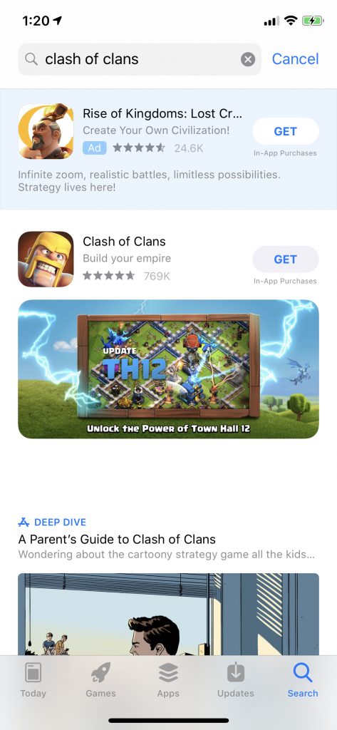 On the other hand, this example of Clash of Clans shows that a competitor can easily show higher than you if you're not running an optimized brand search ads campaign: - Apple Search Ads Brand Defense advertising - The ASO Project - App Store Optimization Company